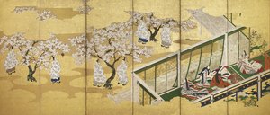 The Tale of Genji, luku 34; Kashiwagi näkee kolmannen prinsessan, Edon kauden (mustetta, väriä ja kultaa paperilla)